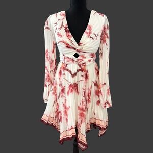 L'ATISTE White Floral Asymmetrical Long-Sleeve Dress with Pink Accents